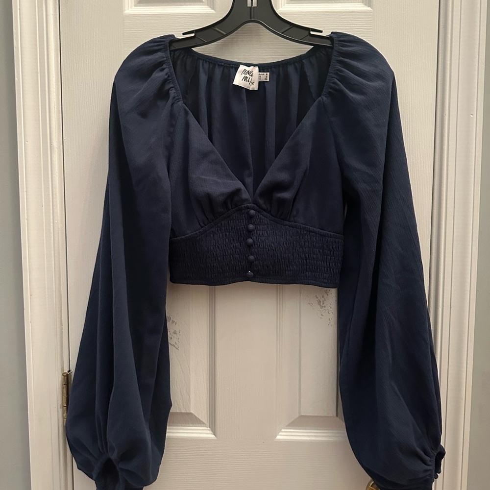 Princess Polly Blue Balloon Sleeve Crop Top Plunge V-Neck Size 4